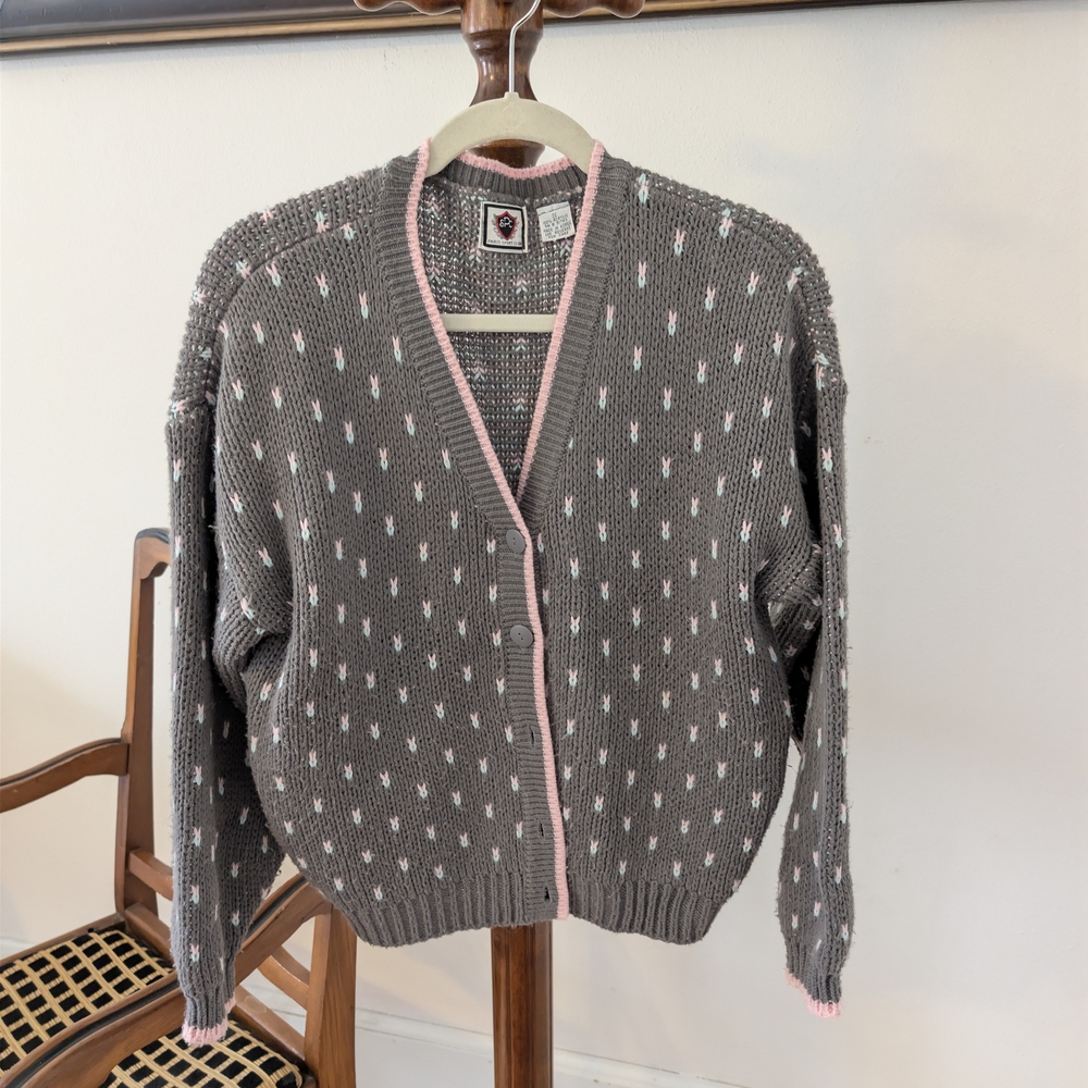 Grey and Pink V-Neck Button Cardigan Sweater